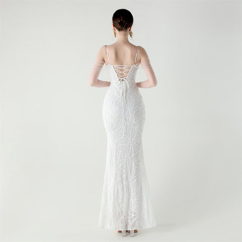 Graceful Sequin Embellished Mesh Mermaid Maxi Dress